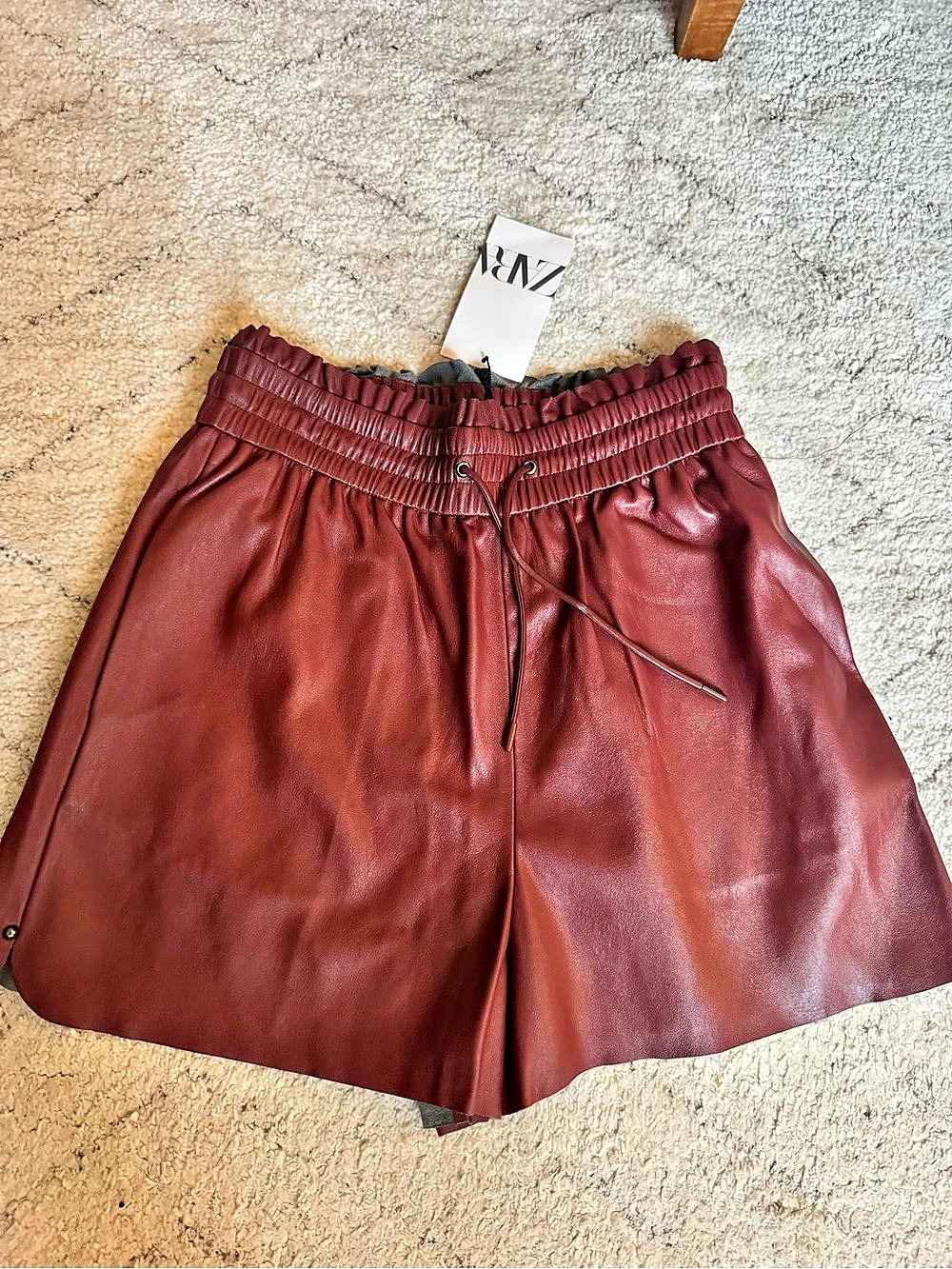 Zara Faux Leather Drawstring Shorts High Waist Shorts in Red Size Small